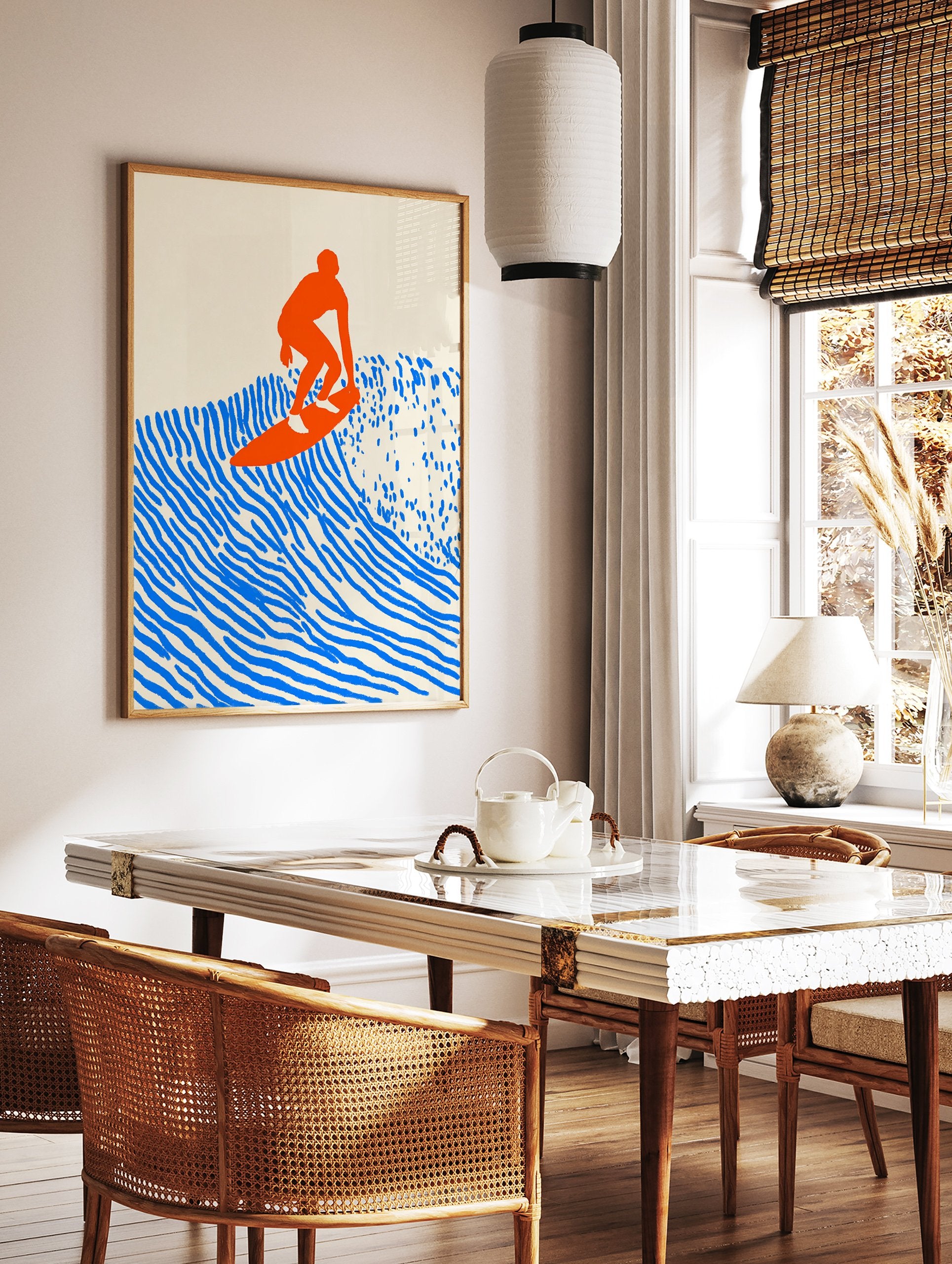 Modern minimalist surfer on a wave poster in bold orange and blue colors, with a cream background. - Image 2