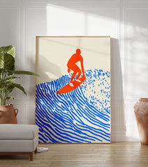 Modern minimalist surfer on a wave poster in bold orange and blue colors, with a cream background. - Image 3