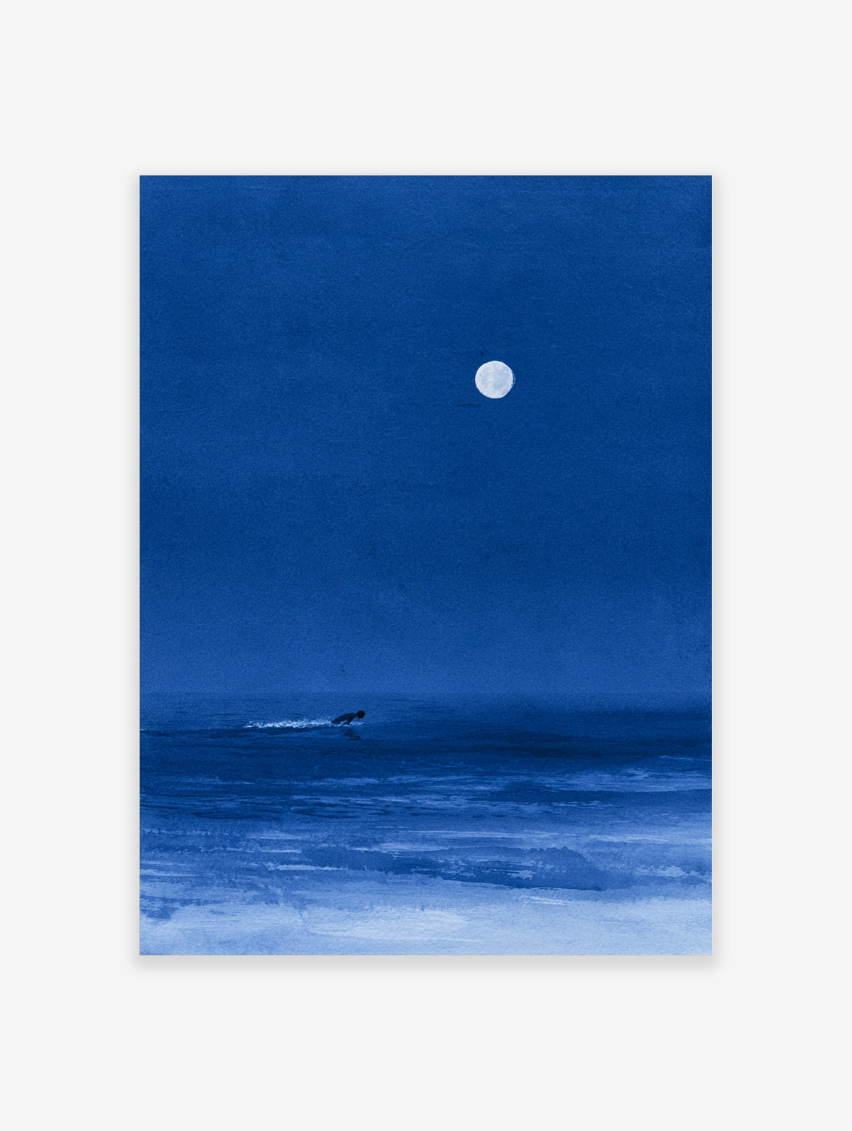 Minimalist blue night sea art print featuring a lone surfer gliding under a large full moon