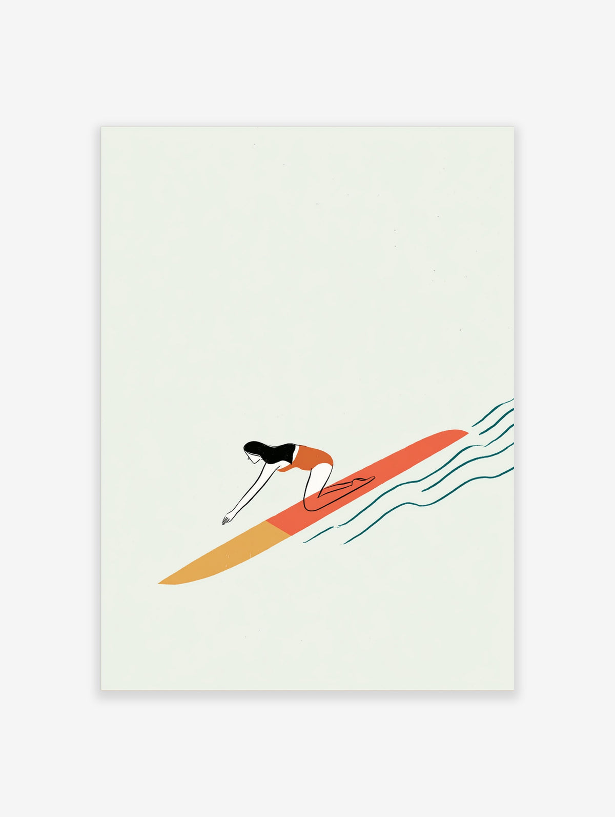 Minimalist surfer crouching on coral and mustard surfboard above teal wave lines, pale background