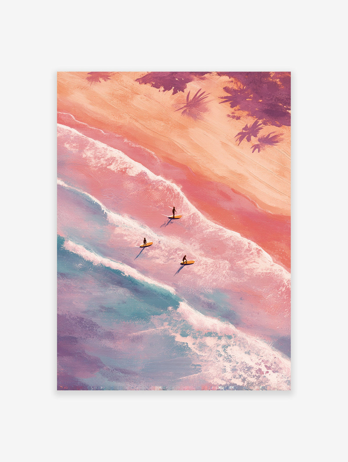 Aerial view poster of three surfers on surfboards in pastel pink and blue ocean waves with sandy beach and palm trees.