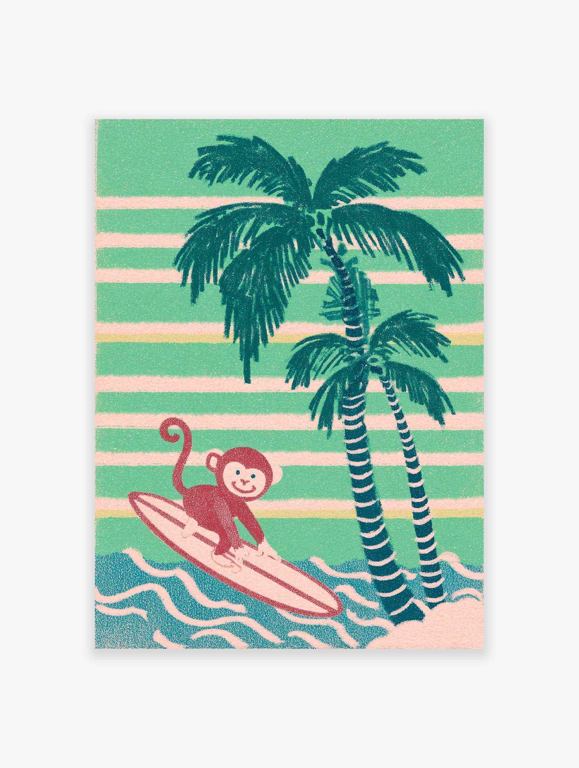 Retro Surfing Monkey Wall Art illustration with palm trees, blue waves, and green & pink striped background.