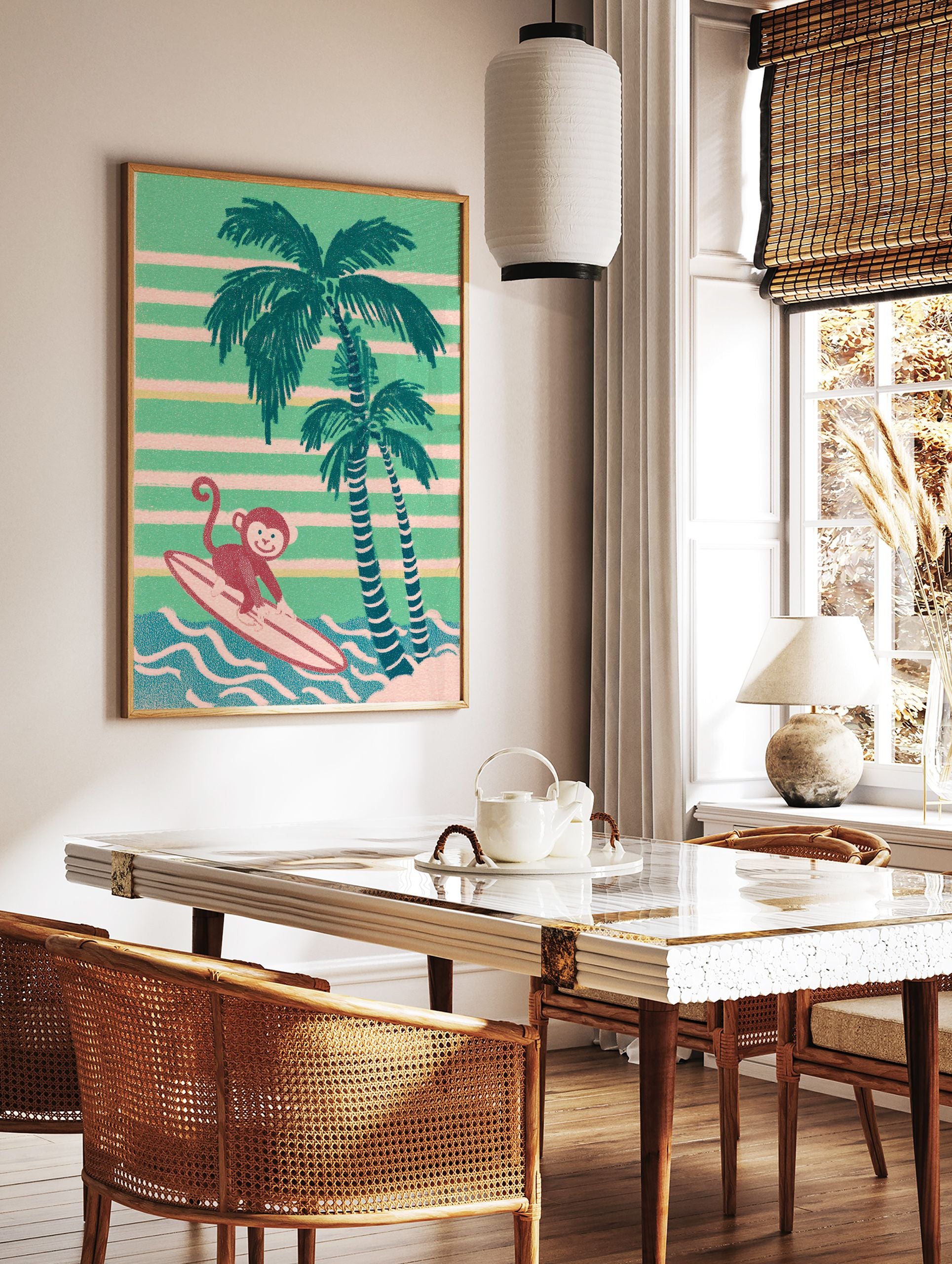 Retro Surfing Monkey Wall Art illustration with palm trees, blue waves, and green & pink striped background. - Image 2