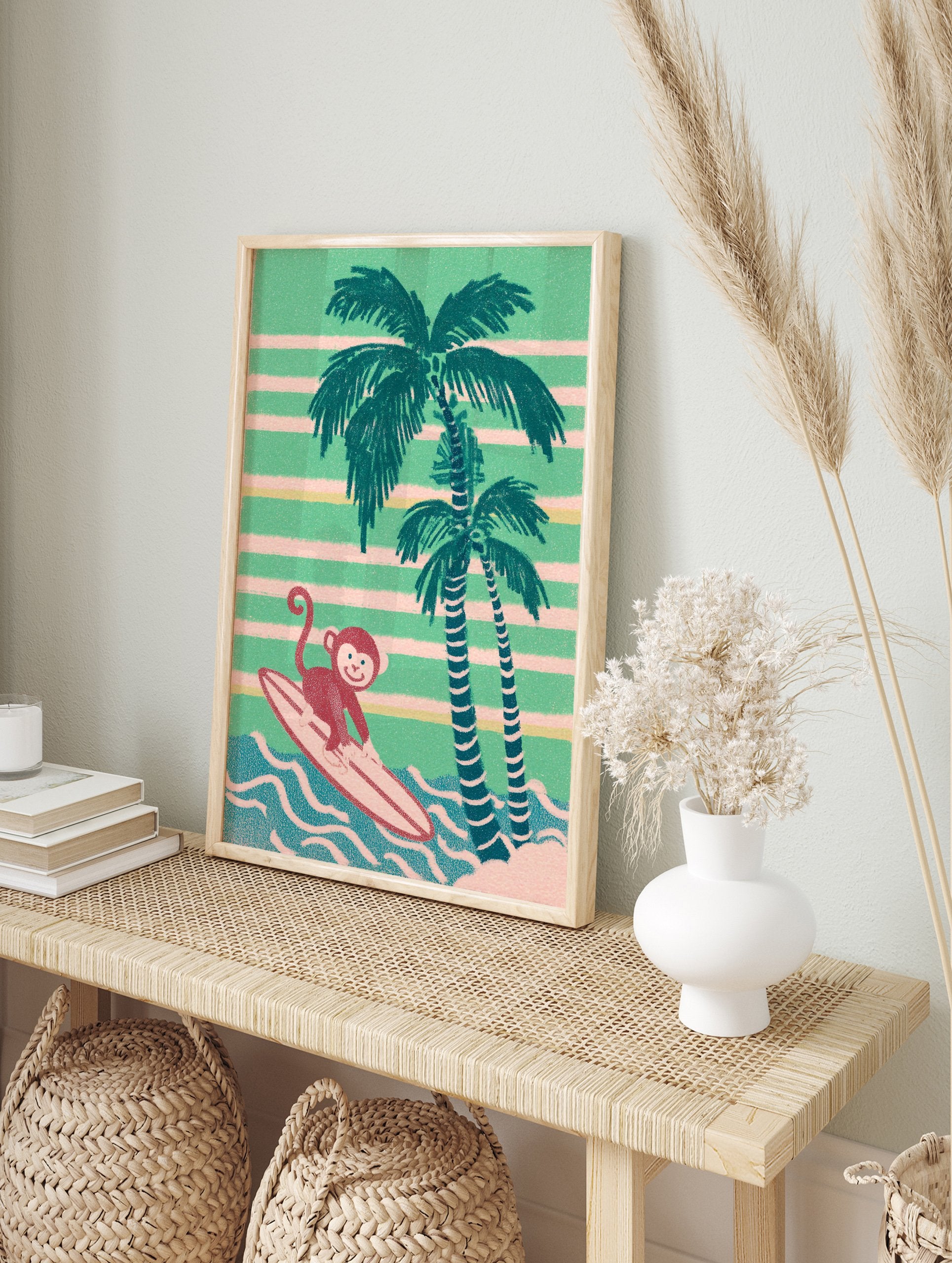 Retro Surfing Monkey Wall Art illustration with palm trees, blue waves, and green & pink striped background. - Image 3