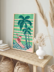 Retro Surfing Monkey Wall Art illustration with palm trees, blue waves, and green & pink striped background. - Image 3