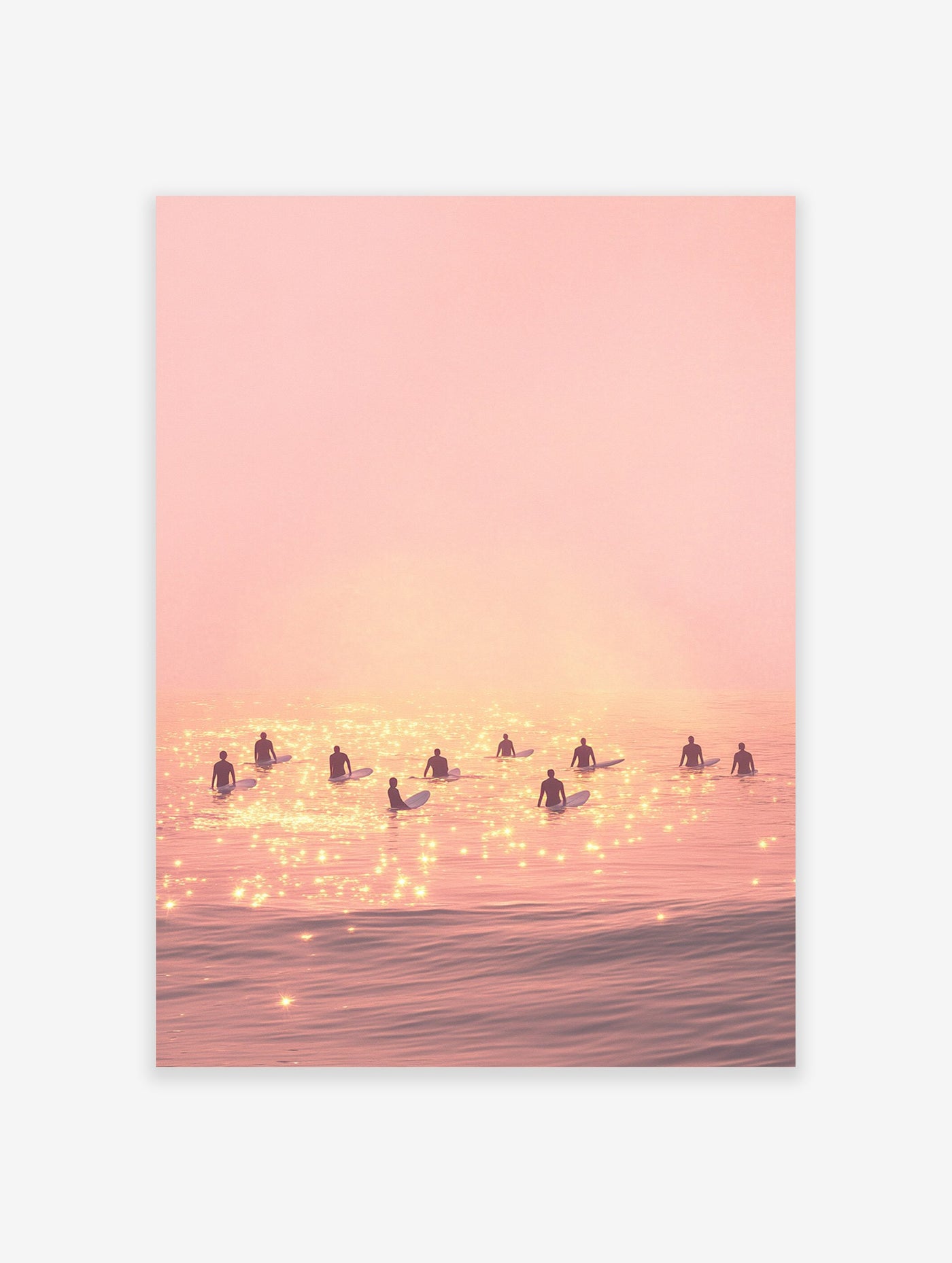 Pink sunset surfing poster with multiple surfers silhouetted on shimmering water, creating a serene beach scene.