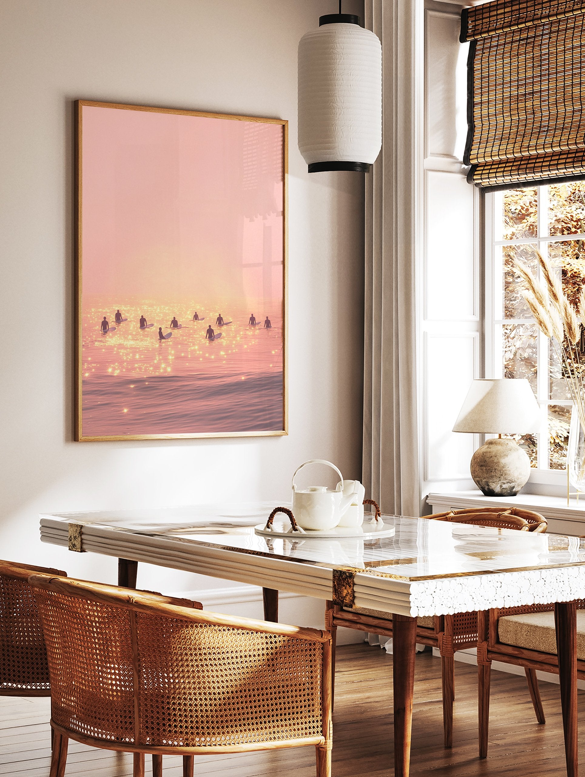 Pink sunset surfing poster with multiple surfers silhouetted on shimmering water, creating a serene beach scene. - Image 2