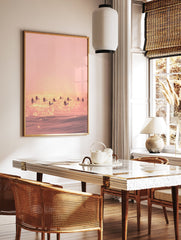 Pink sunset surfing poster with multiple surfers silhouetted on shimmering water, creating a serene beach scene. - Image 2
