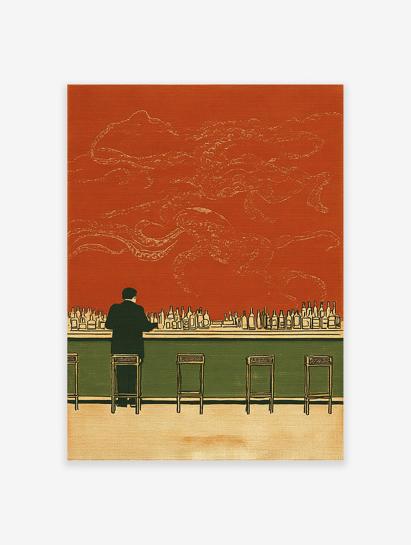 Illustration of a man at a bar with bottles, an orange-red wall, and a large, subtle octopus outline. Surreal bar wall art.
