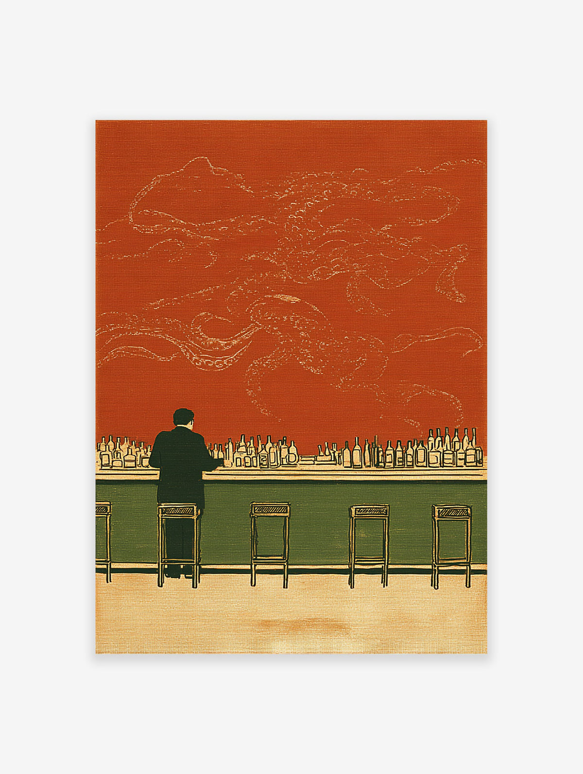 Illustration of a man at a bar with bottles, an orange-red wall, and a large, subtle octopus outline. Surreal bar wall art.