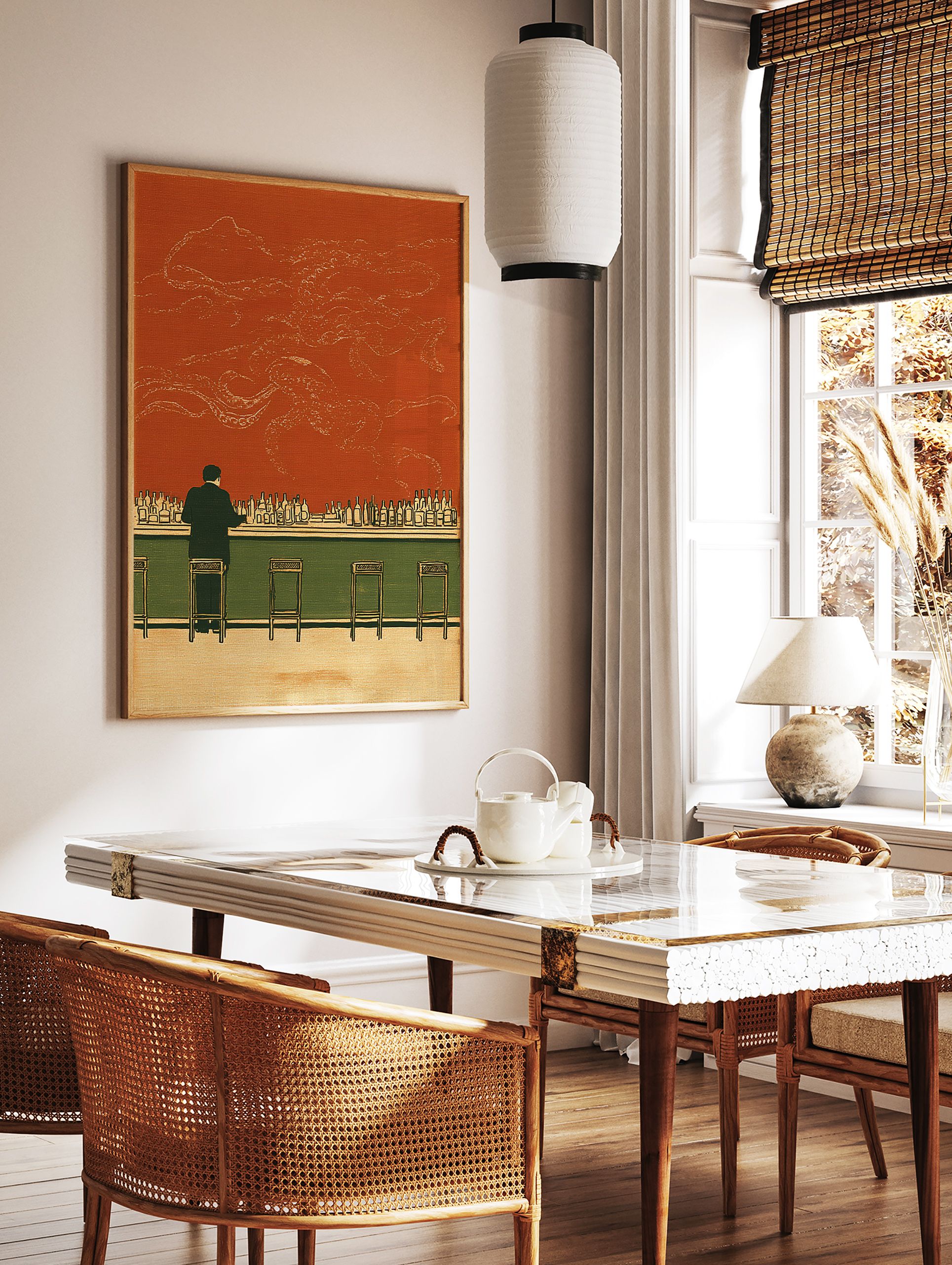 Illustration of a man at a bar with bottles, an orange-red wall, and a large, subtle octopus outline. Surreal bar wall art. - Image 3