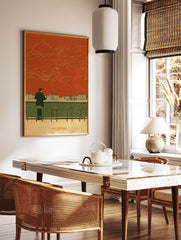 Illustration of a man at a bar with bottles, an orange-red wall, and a large, subtle octopus outline. Surreal bar wall art. - Image 3