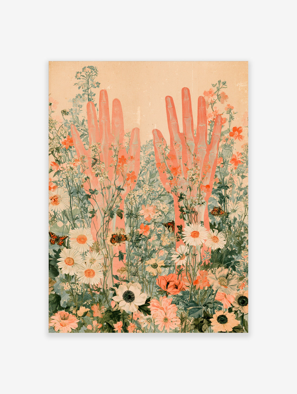 Surreal coral hands rising through wildflowers, daisies and butterflies on a peach background art print