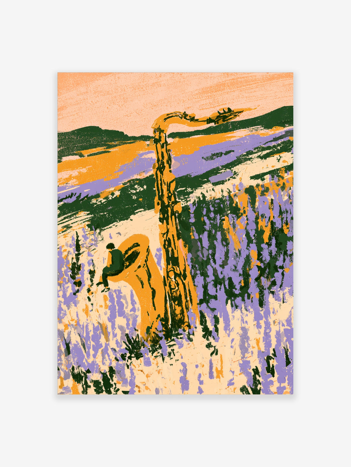 Surreal desert landscape poster with seated figure, twisted orange tree, purple wildflowers, and green hills