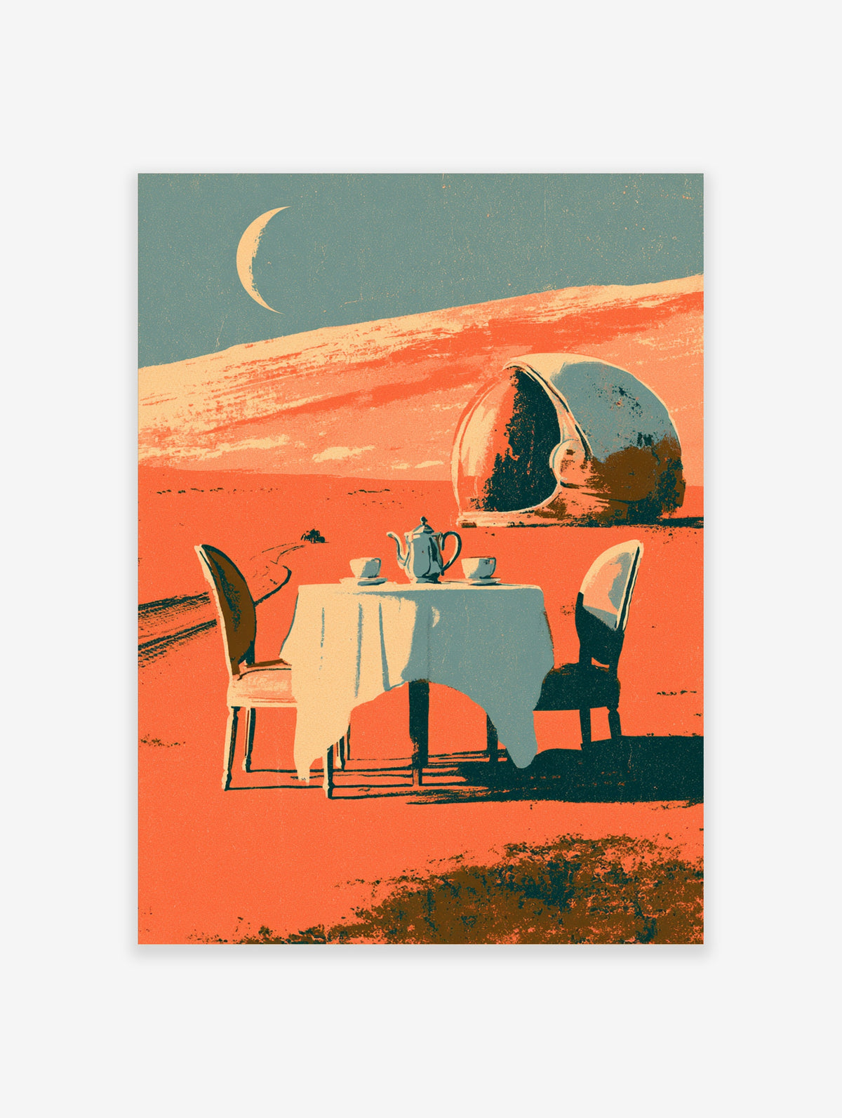 Surreal desert tea party poster with table, teapot, cups, space helmet, crescent moon, and red sand landscape