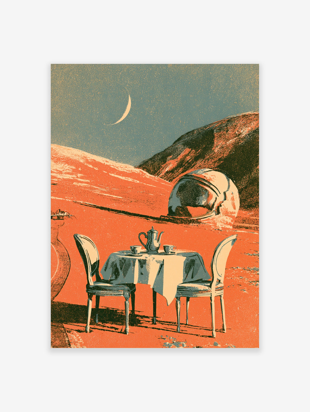 Surreal desert tea table poster with teapot, two cups, crescent moon, and metallic dome on red sand