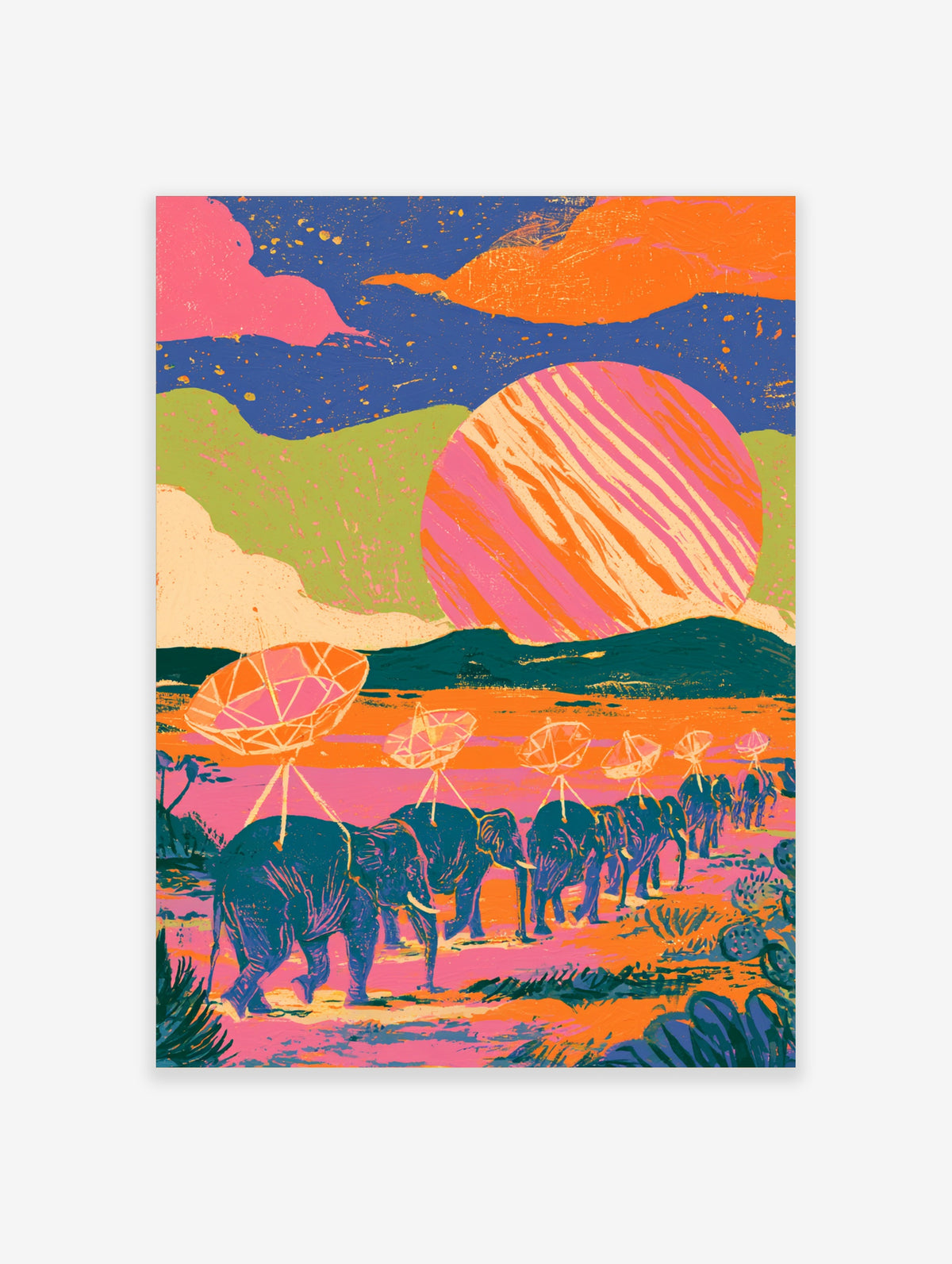 Surreal elephant wall art print with elephants carrying satellite dishes under a striped pink sun
