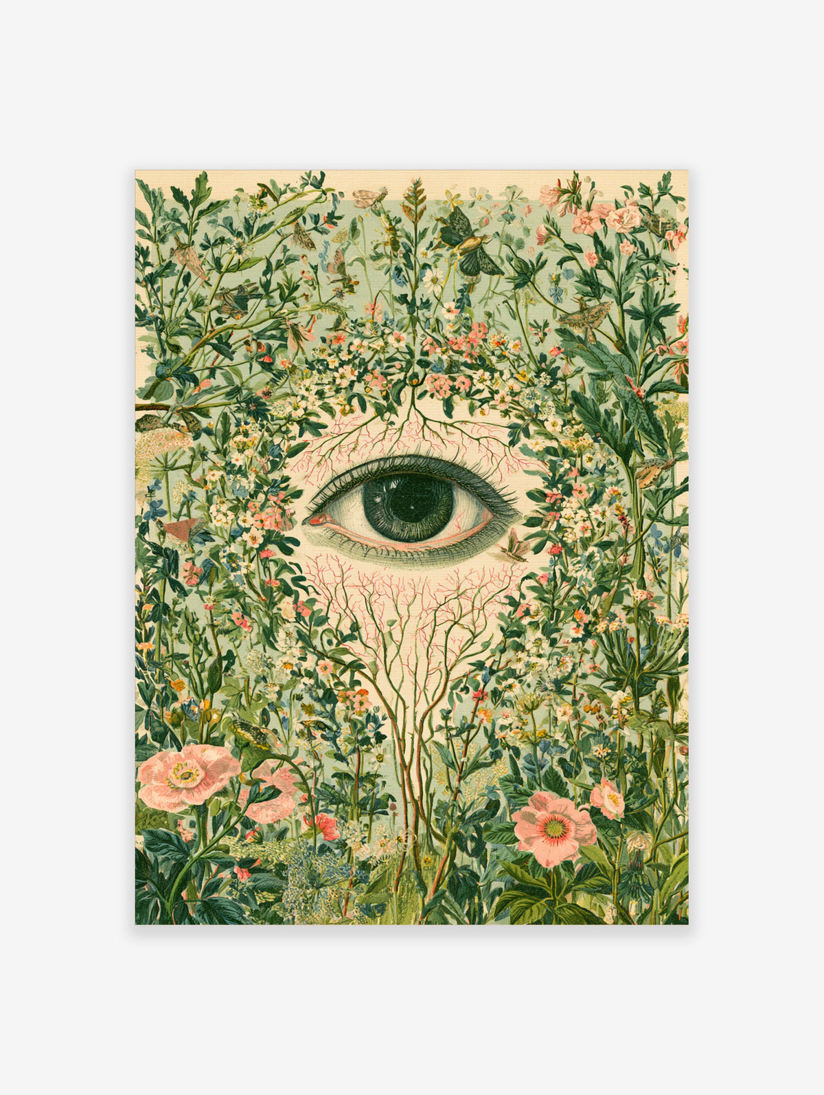 Surreal eye art print with green iris surrounded by pink poppies and wildflowers
