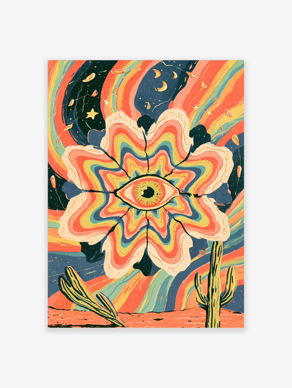 Surreal eye flower poster with cosmic desert, cacti, stars, and wavy rainbow petals