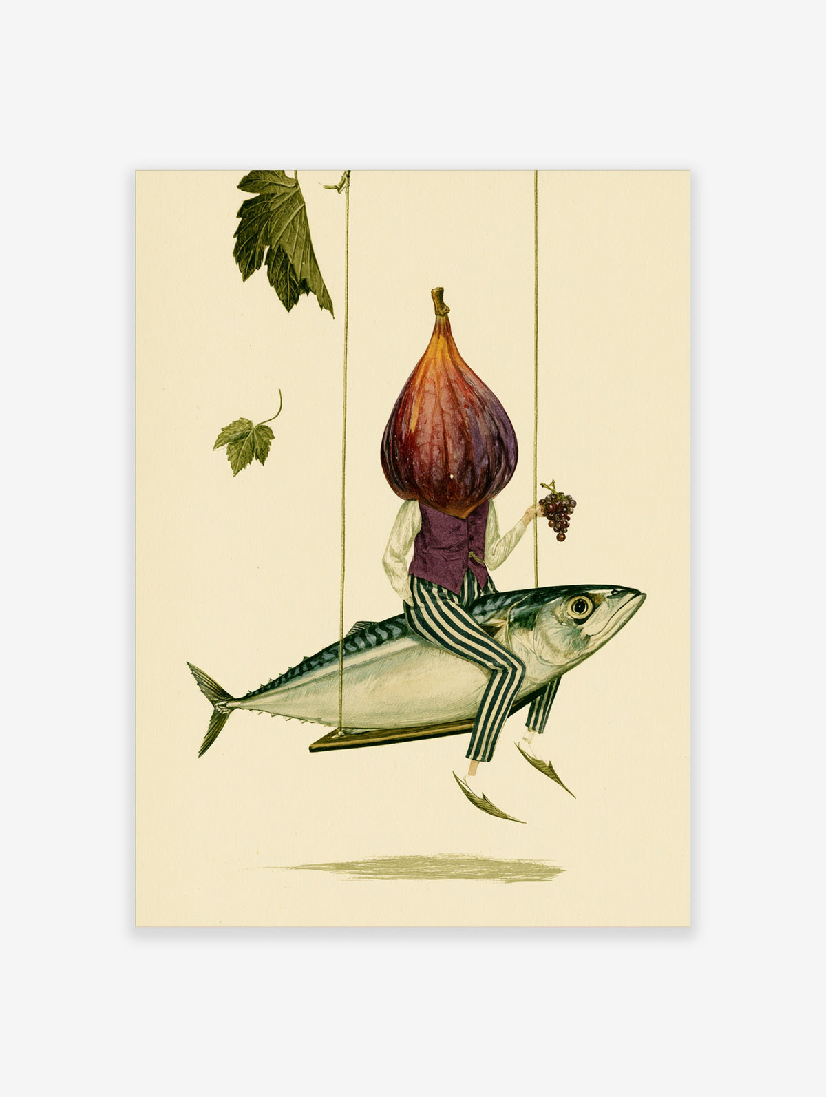 Surreal illustration of a figure with a fig head riding a fish while holding grapes, on a pale background