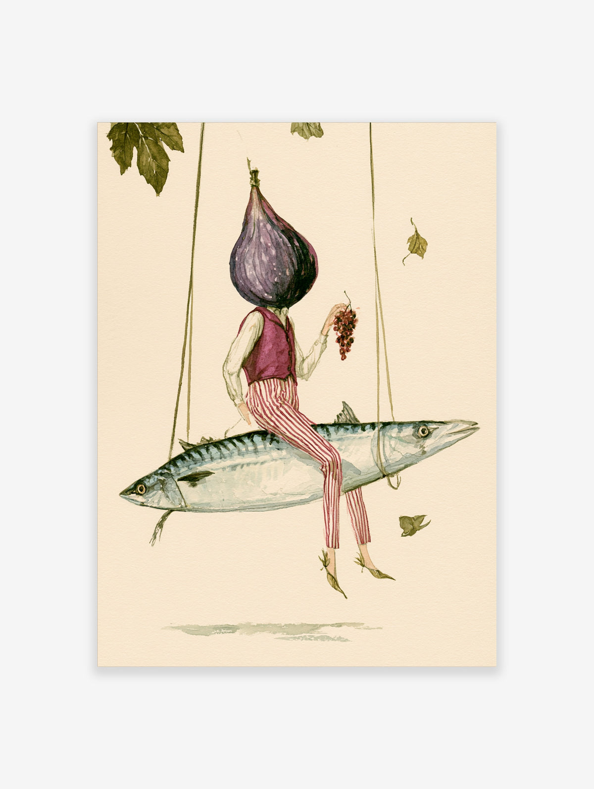 Surreal illustration of a figure with a purple fig head seated on a mackerel, holding grapes, on a cream background