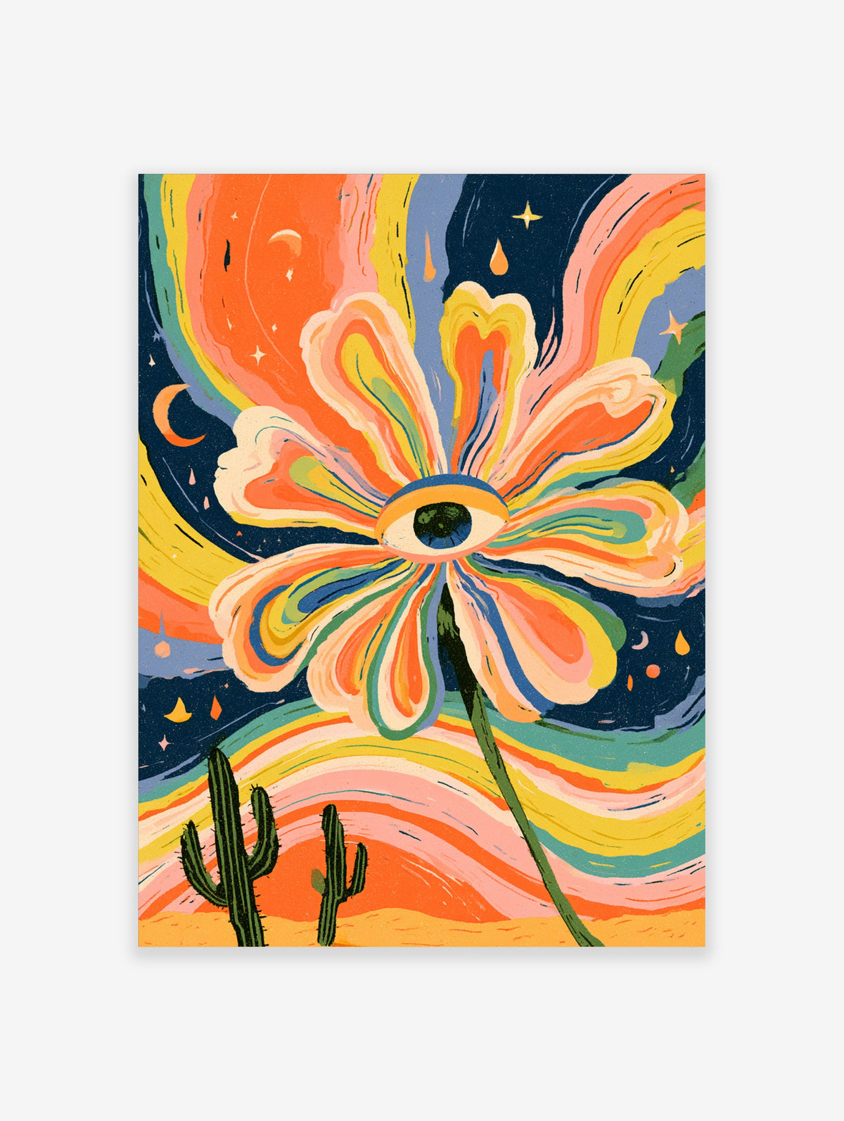 Surreal flower with eye centre and rainbow petals, cacti and starry sky, colourful psychedelic art print
