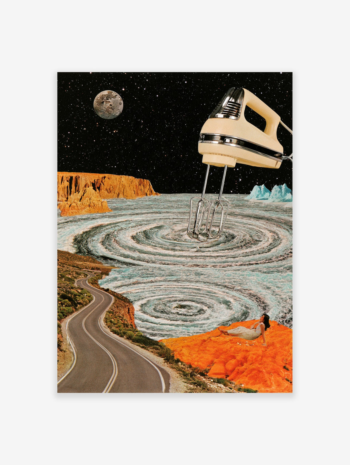 Surreal collage poster with a large kitchen mixer above a swirling ocean and a figure on an orange rock under a night sky