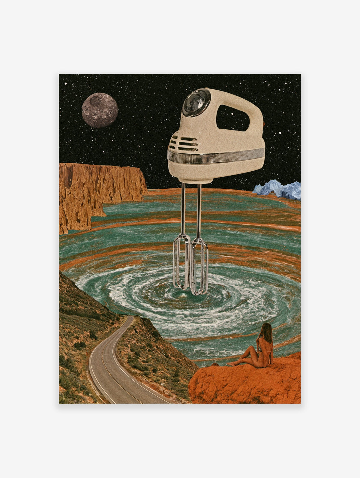 Surreal landscape poster with a giant kitchen whisk hovering over a swirling water vortex in a cosmic desert setting