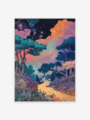 A surreal landscape poster depicting a vibrant night sky with swirling orange and purple clouds, a forest, and two figures on a path.
