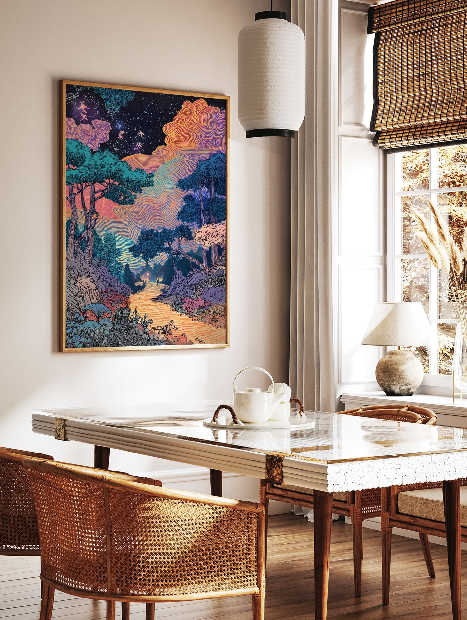 A surreal landscape poster depicting a vibrant night sky with swirling orange and purple clouds, a forest, and two figures on a path. - Image 2