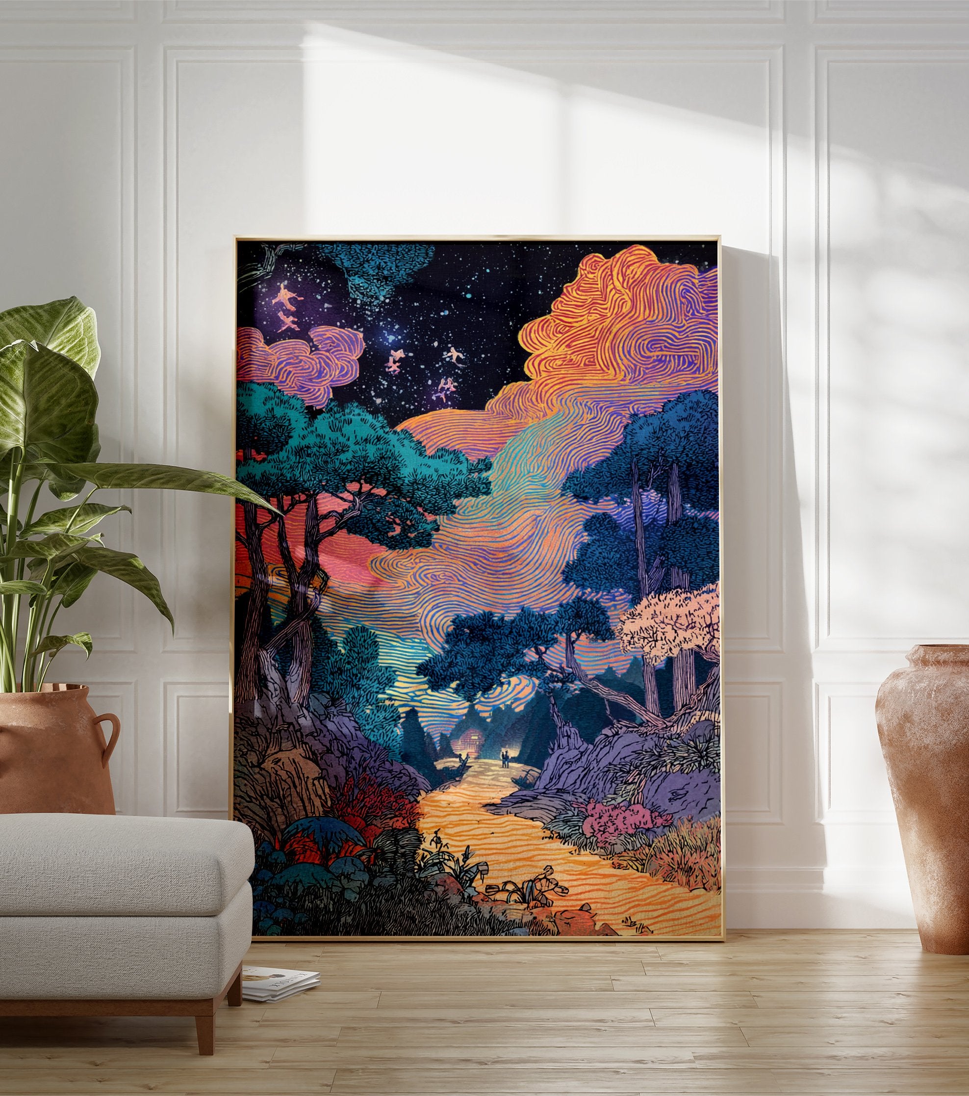 A surreal landscape poster depicting a vibrant night sky with swirling orange and purple clouds, a forest, and two figures on a path. - Image 3