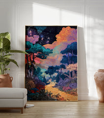 A surreal landscape poster depicting a vibrant night sky with swirling orange and purple clouds, a forest, and two figures on a path. - Image 3