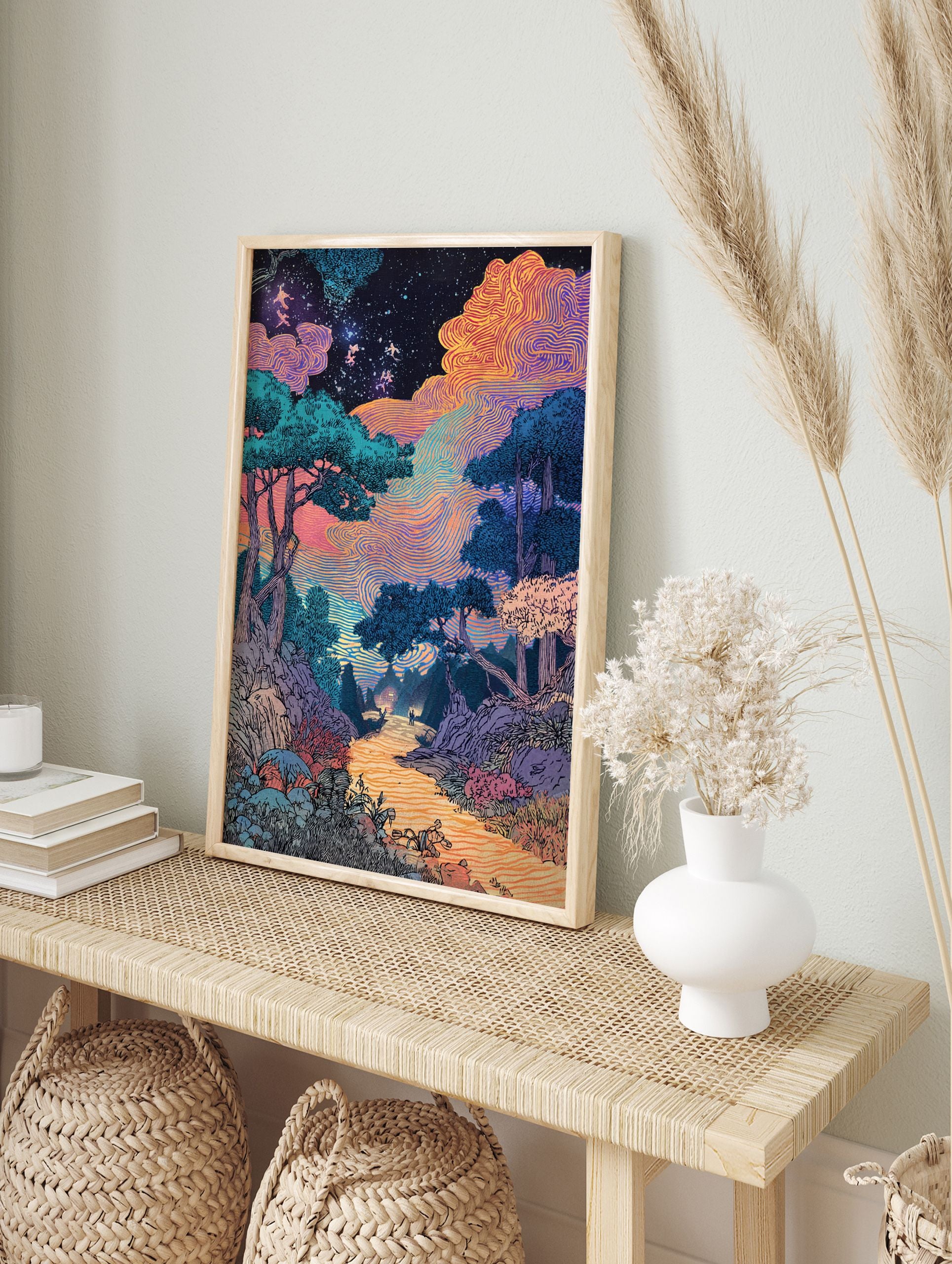 A surreal landscape poster depicting a vibrant night sky with swirling orange and purple clouds, a forest, and two figures on a path. - Image 4