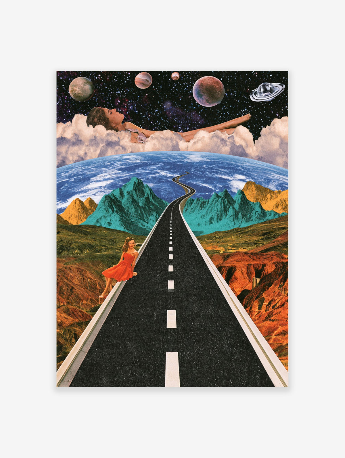 Surreal landscape art print with a woman on a winding road, planets, and clouds in a retro-futuristic style