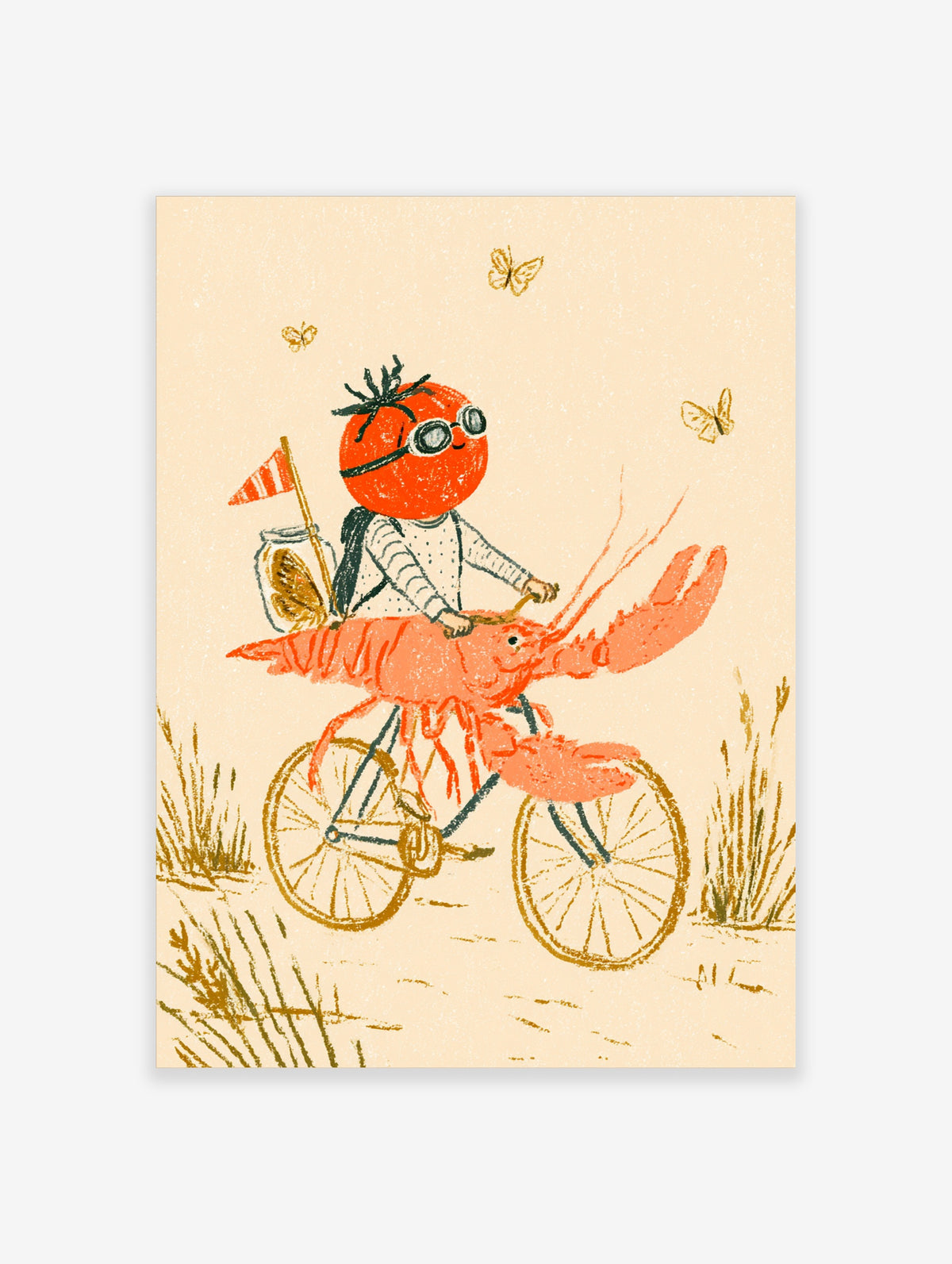 Surreal illustration of a tomato character riding a giant lobster on a bicycle with butterflies