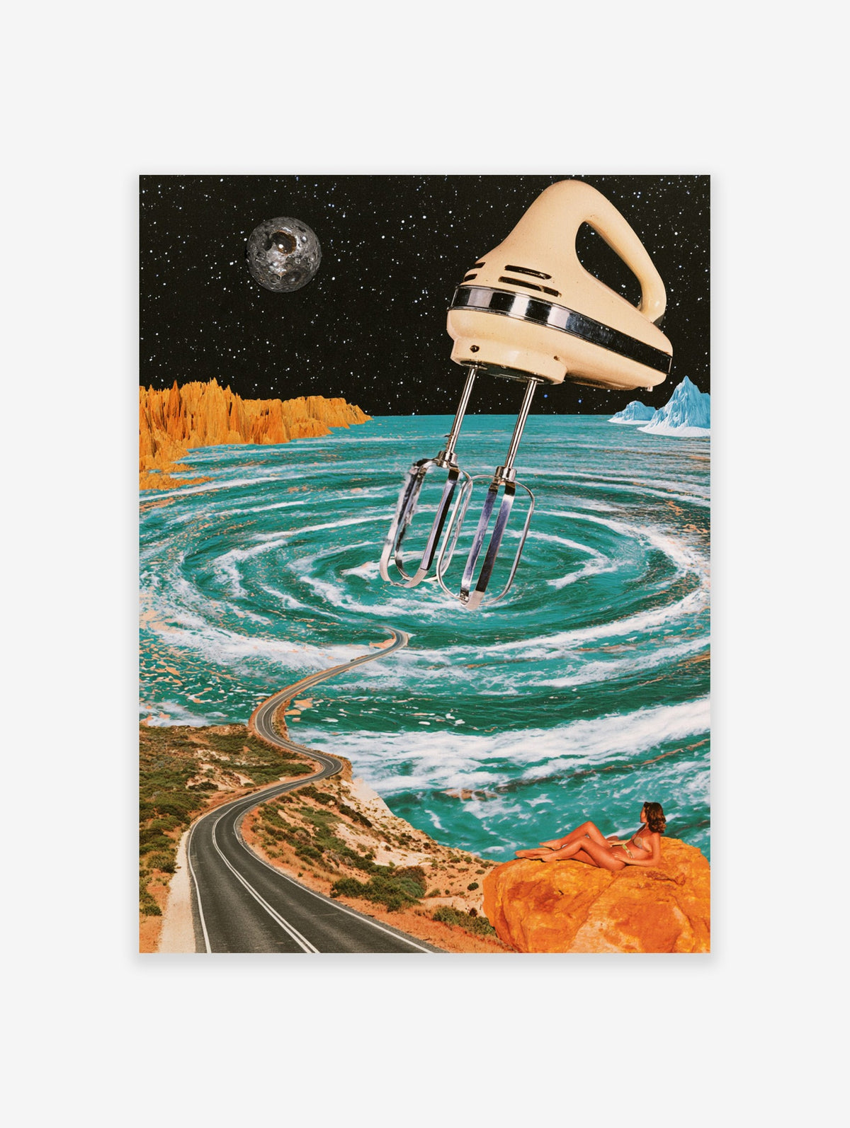 Surreal art print showing a vintage kitchen mixer hovering over a swirling ocean and desert landscape under a starry sky