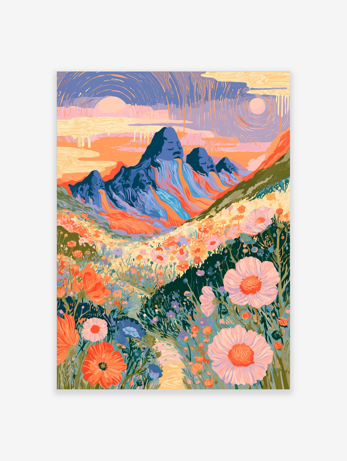 Surreal mountain landscape poster with sleeping peaks, sunset sky, and colourful wildflowers