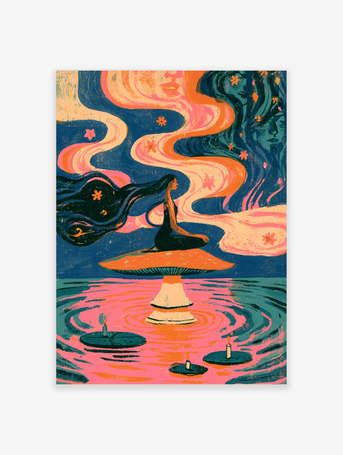 Surreal art print of a woman meditating on a giant orange mushroom with pink smoke and cosmic faces