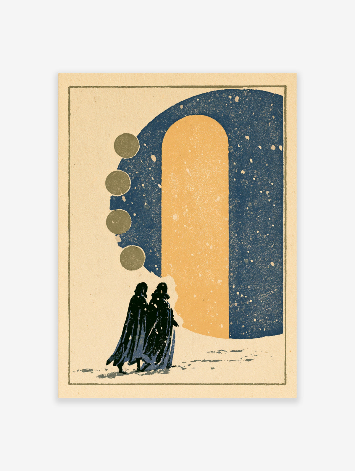 Surreal poster of two cloaked figures beneath a golden arch, blue starry sky, and four grey moons