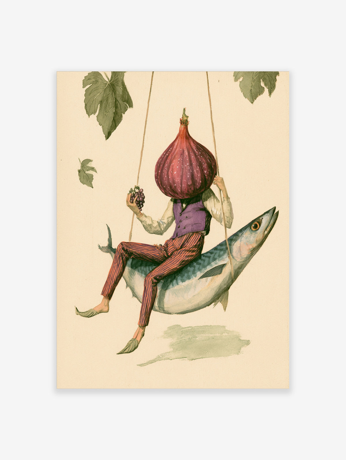 Surreal illustration of a figure with an onion head swinging on a giant fish while holding grapes