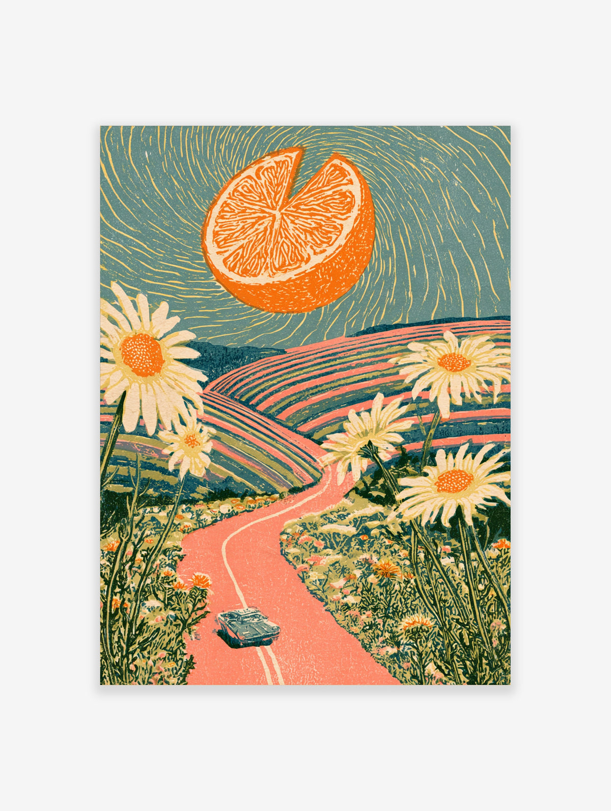 Surreal orange sun over pink road and daisies retro landscape art print