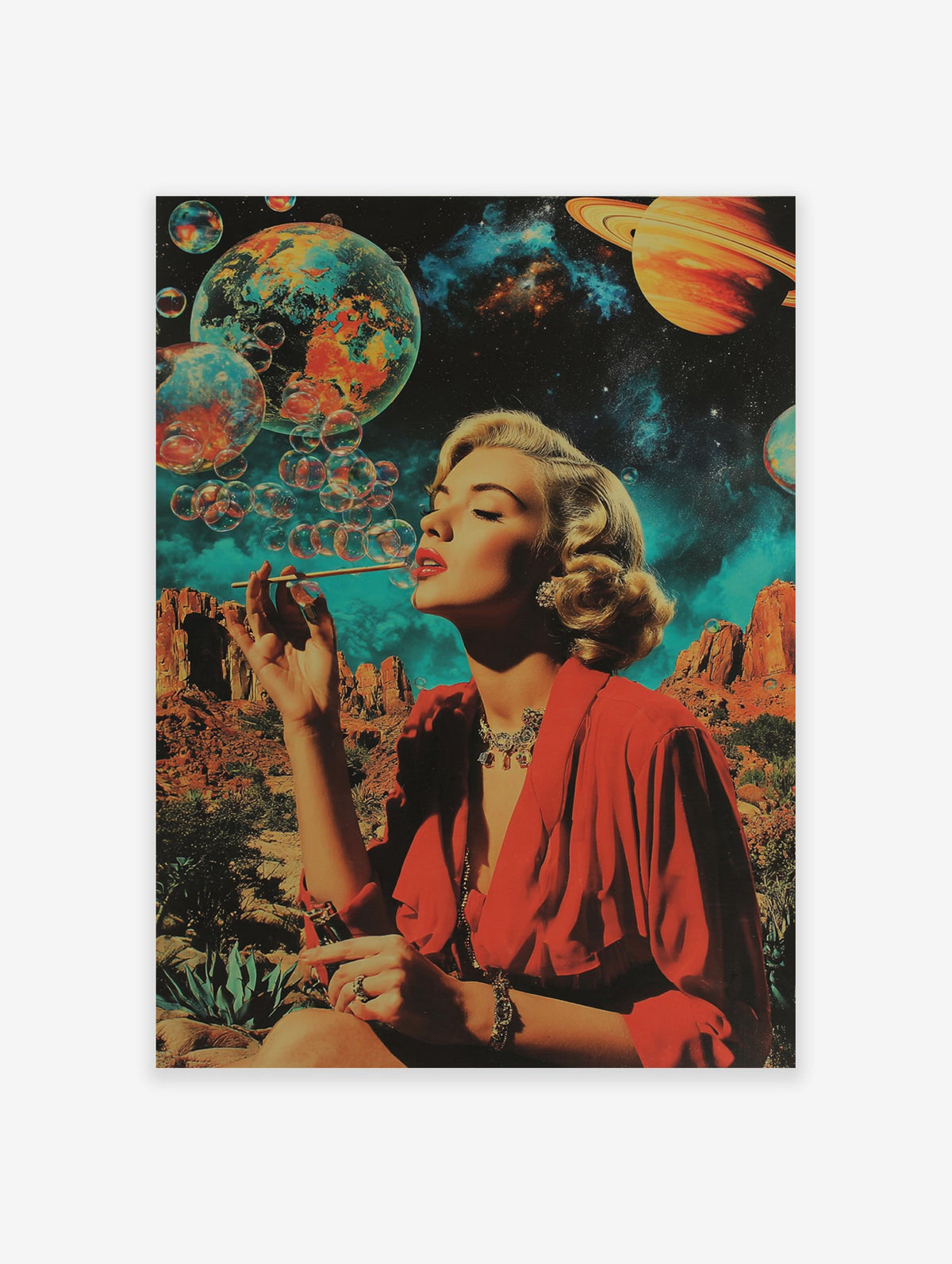 Surreal space woman poster showing a retro woman blowing bubbles that turn into planets in a desert landscape.
