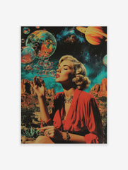 Surreal space woman poster showing a retro woman blowing bubbles that turn into planets in a desert landscape.