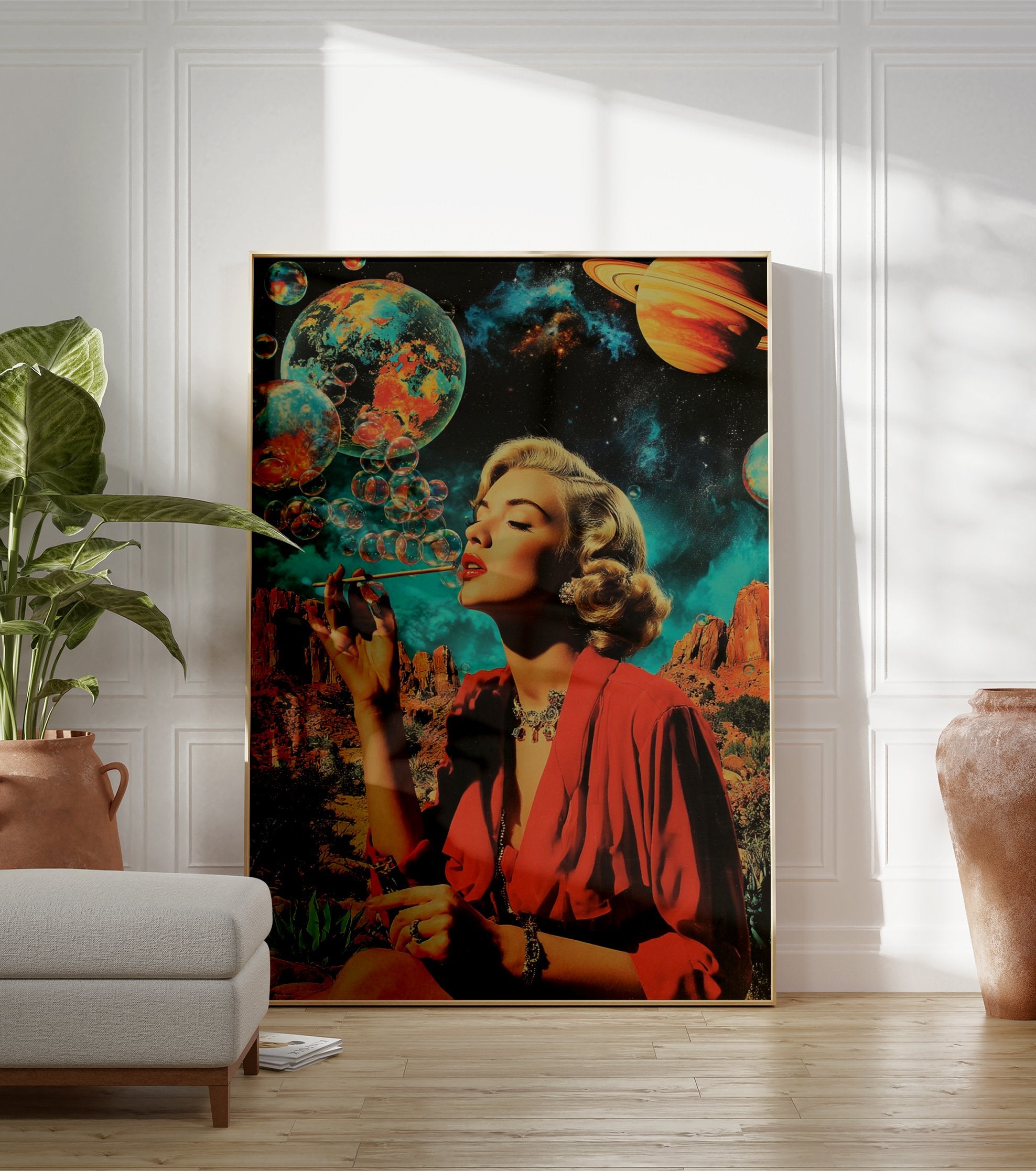Surreal space woman poster showing a retro woman blowing bubbles that turn into planets in a desert landscape. - Image 3