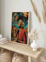 Surreal space woman poster showing a retro woman blowing bubbles that turn into planets in a desert landscape. - Image 4