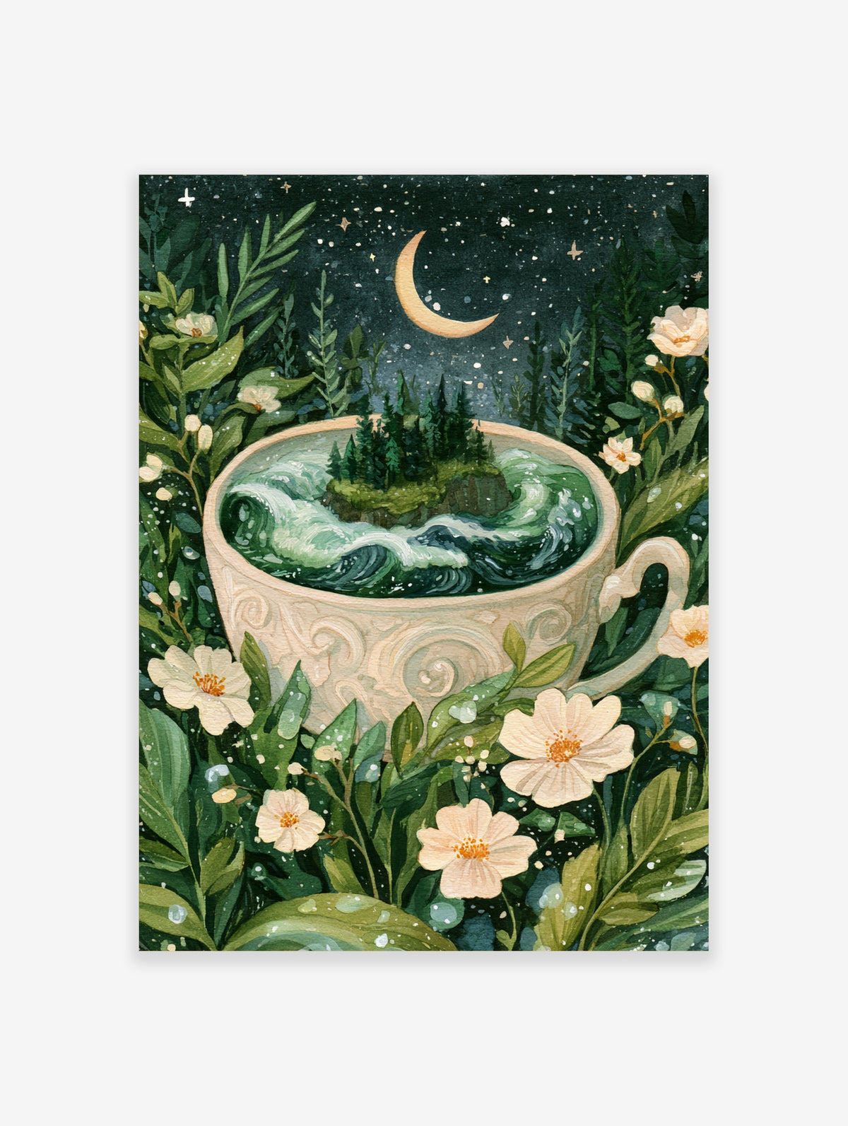 Surreal illustration of a teacup filled with a stormy sea and pine island surrounded by flowers against a starry night sky