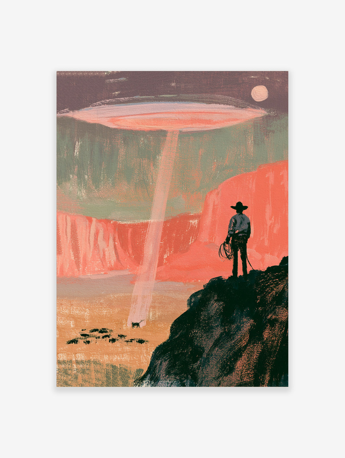Cowboy silhouette on cliff watching UFO beam lift cow in desert canyon, coral and green poster art