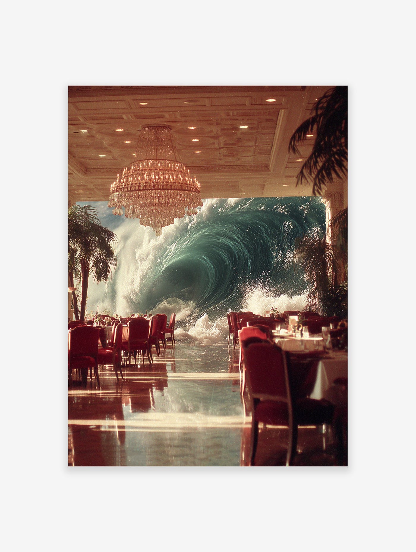 Surreal wall art showing a huge ocean wave outside a luxury restaurant with red chairs and a grand chandelier.