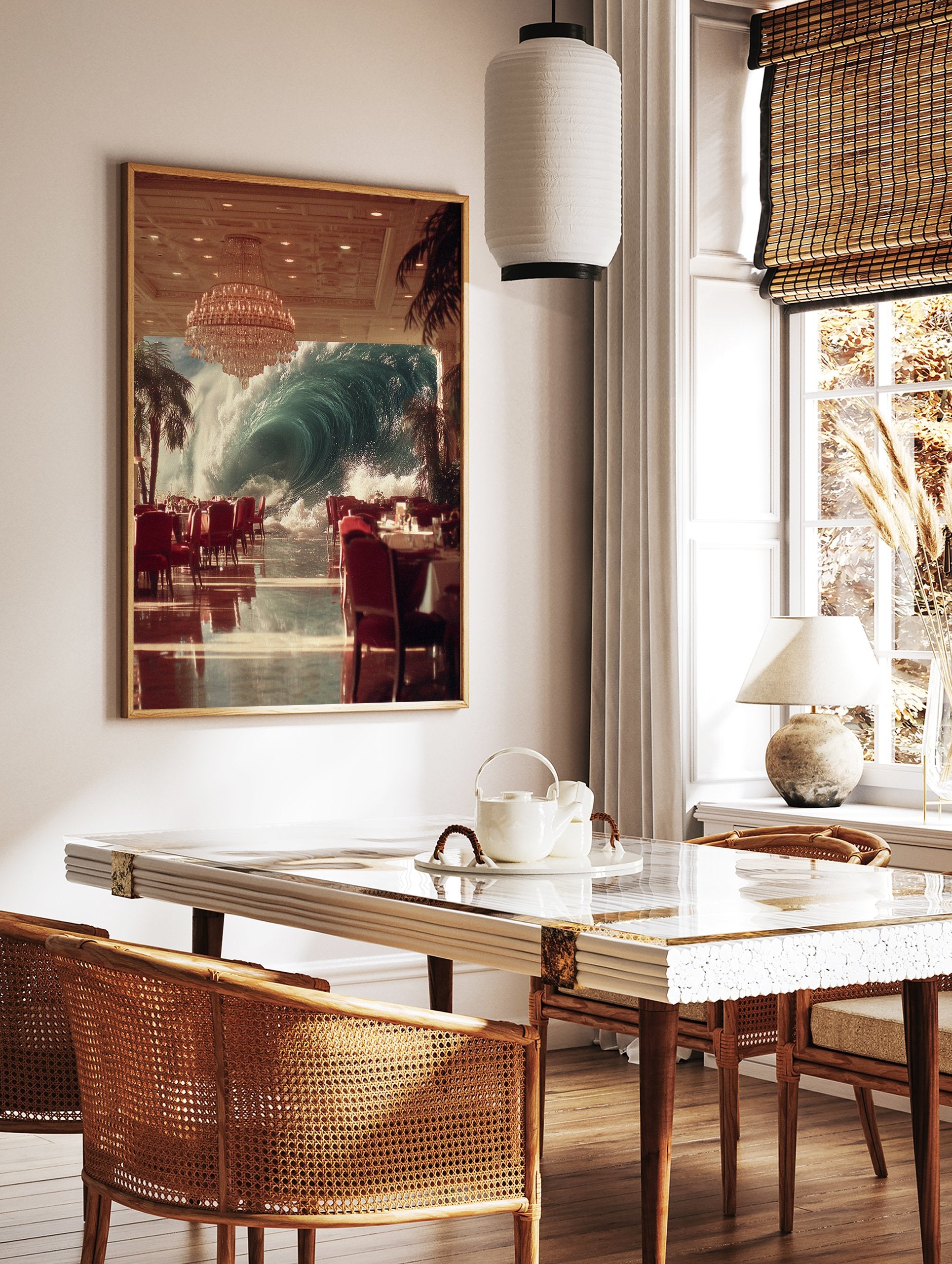 Surreal wall art showing a huge ocean wave outside a luxury restaurant with red chairs and a grand chandelier. - Image 2