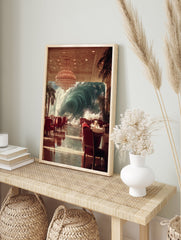Surreal wall art showing a huge ocean wave outside a luxury restaurant with red chairs and a grand chandelier. - Image 3